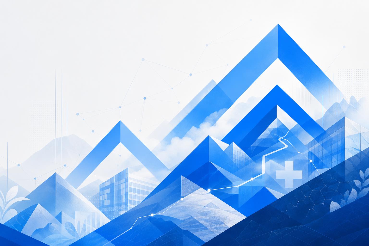 Layered architectural illustration of cobalt chevron peaks rising over abstract healthcare landscape