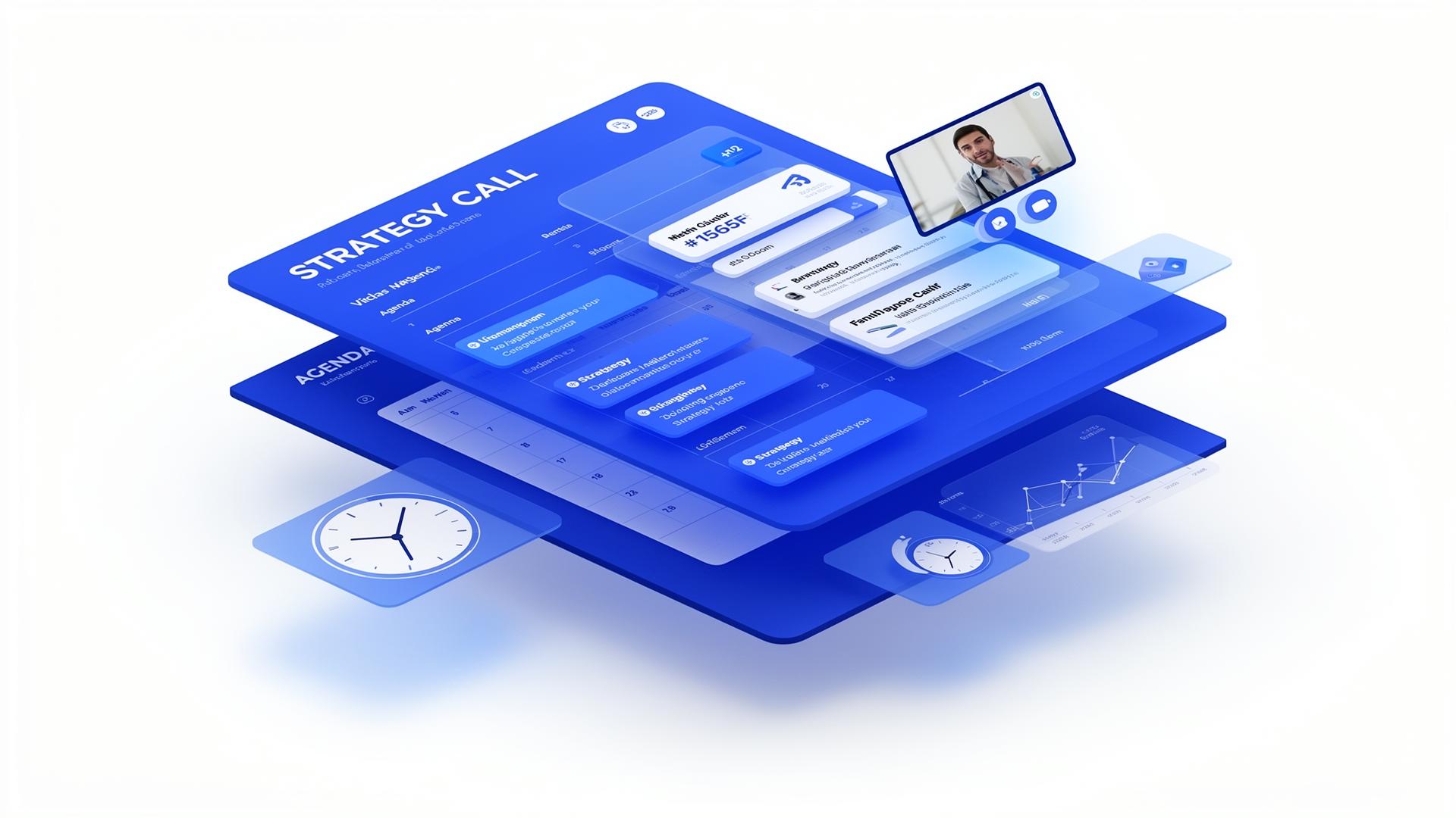 Layered cobalt strategy-call interface with calendar, agenda, and video panel